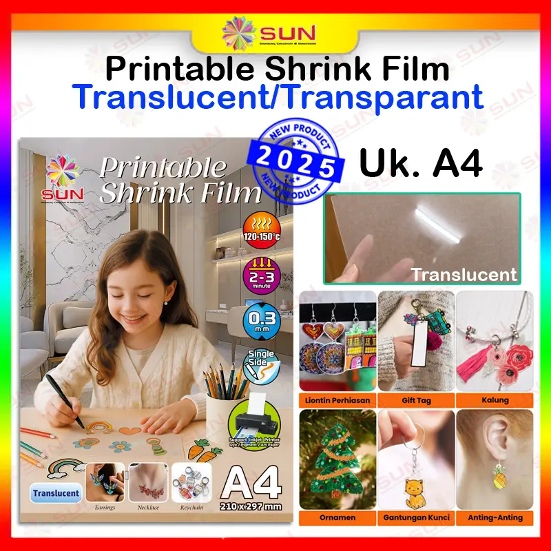 Sun Printable Shrink Film Translucent (Transparant) / White Uk. A4 DIY Craft AKsesoris Support TInta Dye / pigment / Dura