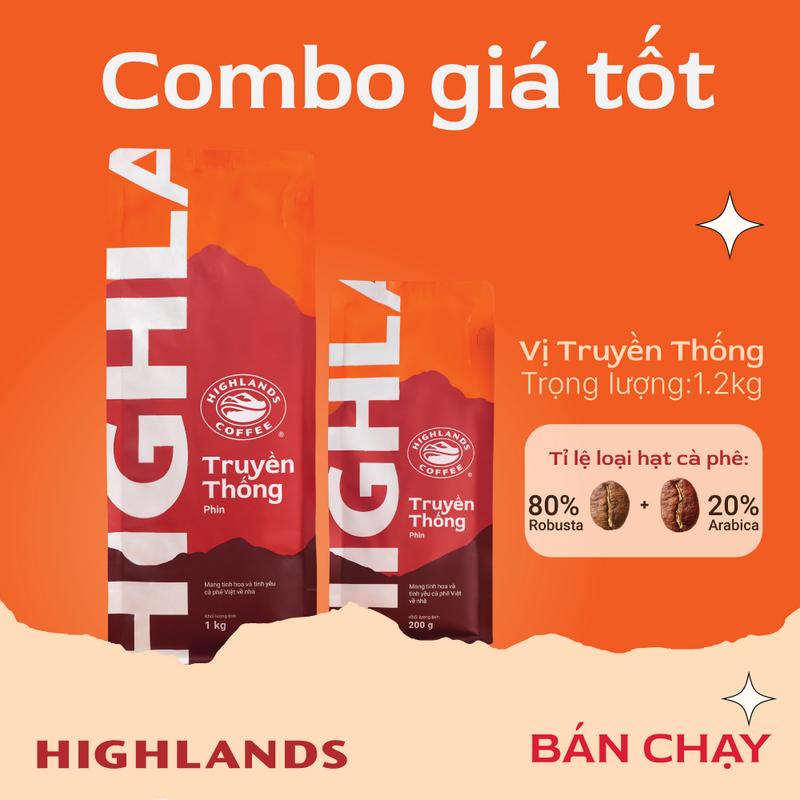 [Combo giá tốt] Cà phê rang xay Truyền thống Highlands coffee 1kg và gói 200gr Cafe