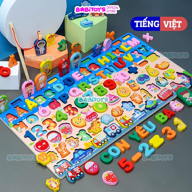 Bộ bảng gỗ câu cá học chữ học số ghép hình học động vật trái cây đồ chơi phát triển trí tuệ cho bé 