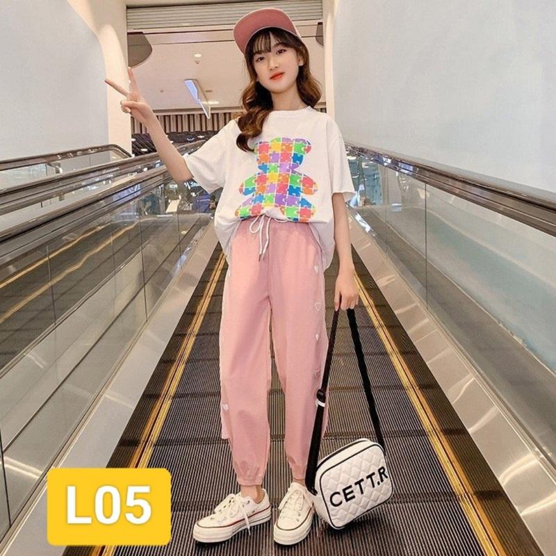 Set đồ bộ thể thao bé gái. Bộ đồ bé gái áo thun tay lỡ kết hợp quần jogger cực chất. Size 15 - 43kg Cotton Vải Cotton 6
