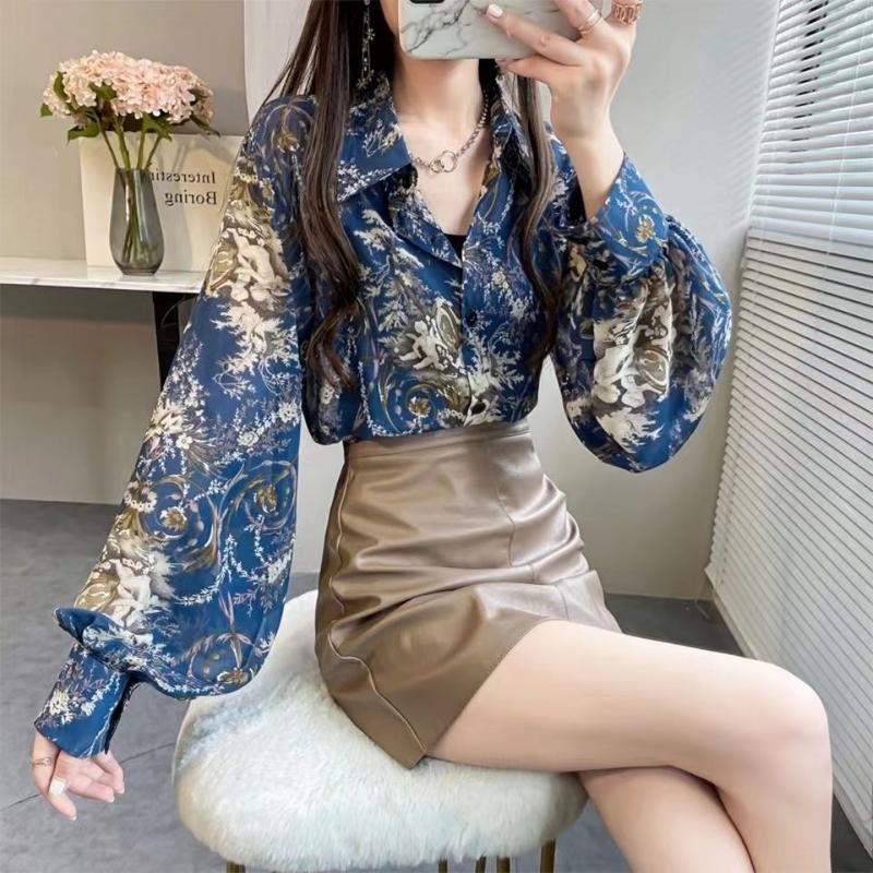 Áo Voan Dài Tay In Hoa Dành Cho Nữ Phong Cách Thường Ngày Mùa Hè Dáng Rộng Vừa Vặn Ve Áo Tay Phồng Áo Áo Cổ Điển Thời Trang Dễ Phối Đồ Quần Áo Nữ