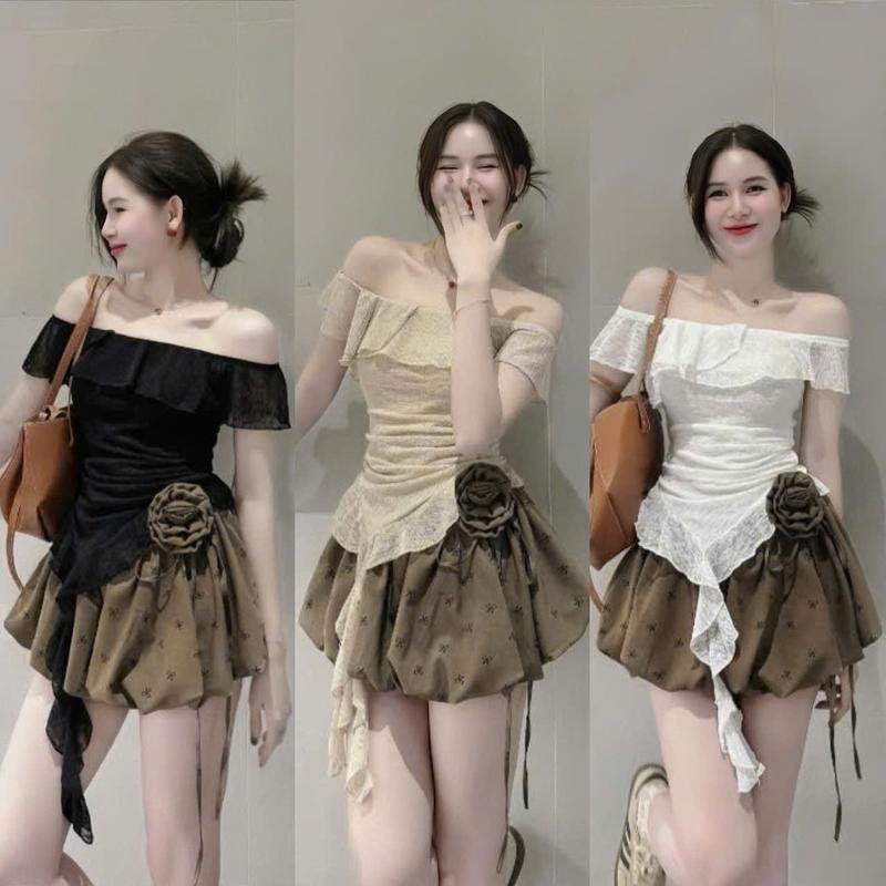 Set váy nữ 3 màu chất thun ánh kim trễ vai bèo tua rua mix chân váy mango đính hoa eo from váy bí phồng nhẹ nhàng xinh xắn cho các nàng đi chơi đi tiệc.Women Top