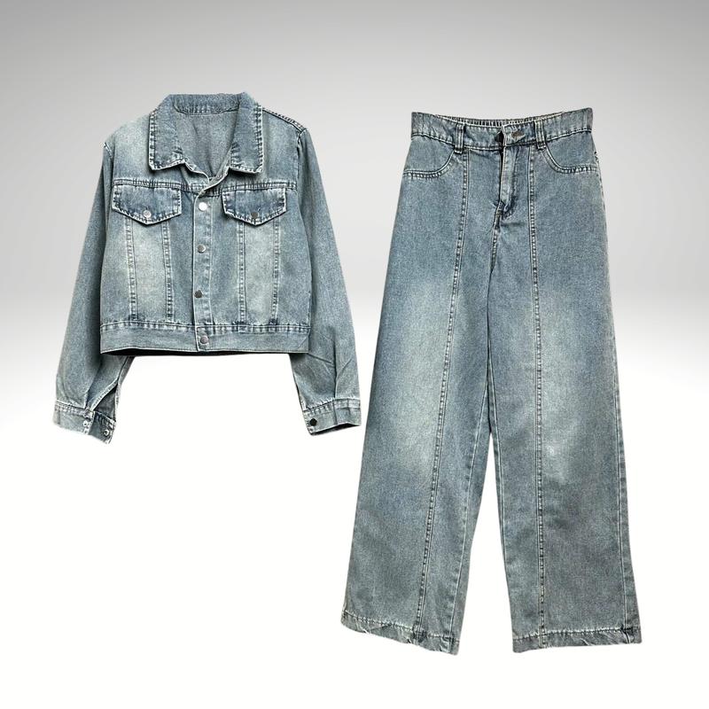  Set Jean B150  Áo +Quần  Áo Tay Dài Khuy Bấm Quần Suông Phong Cách Trẻ Trung Chất Jean Mềm Danh Cho Nữ 