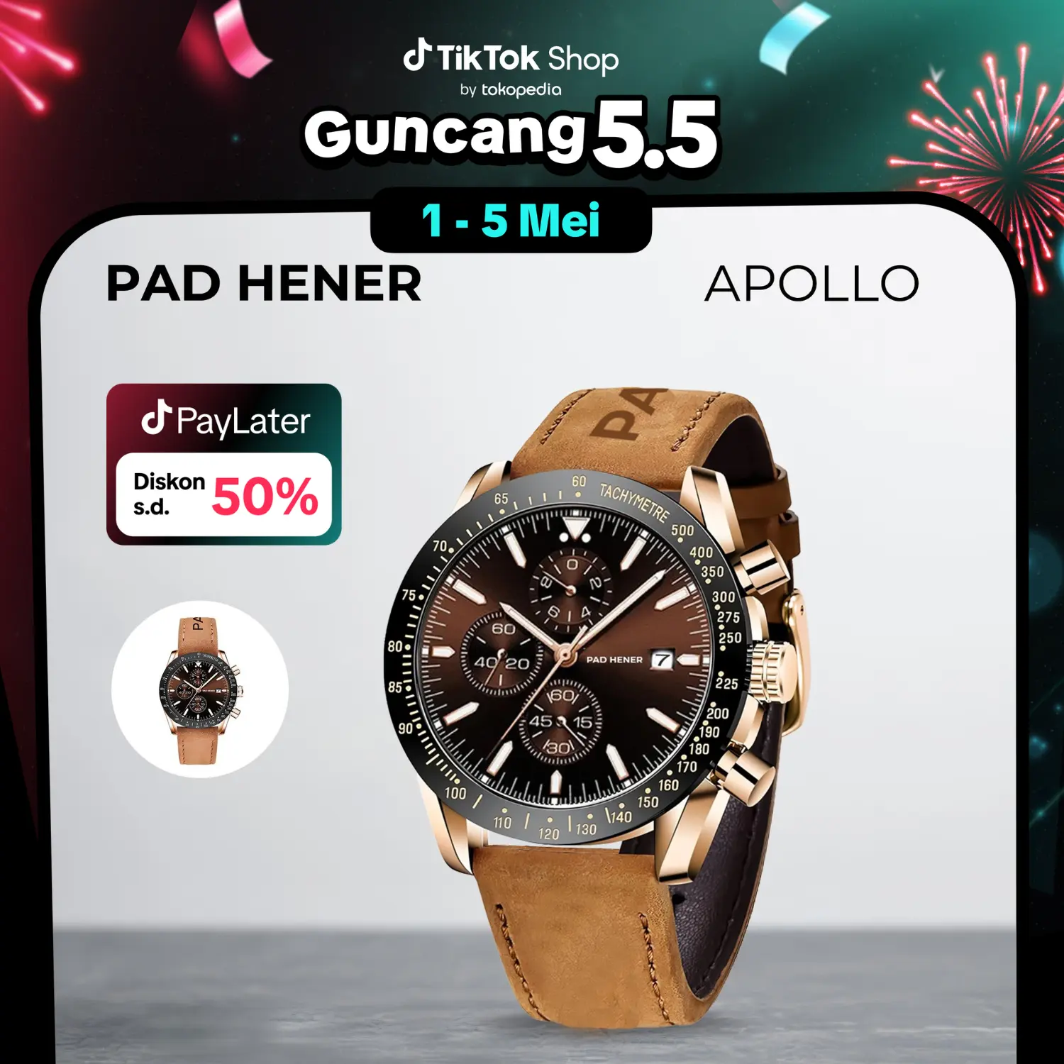 PAD HENER APOLLO Jam Tangan Unisex Original Anti Air Kulit Keren Coklat Luxury Chronograph Quartz Calendar Klasik Luminuous Glow Jam Tangan Cowok Multifungsi COD + Kotak Eksklusif