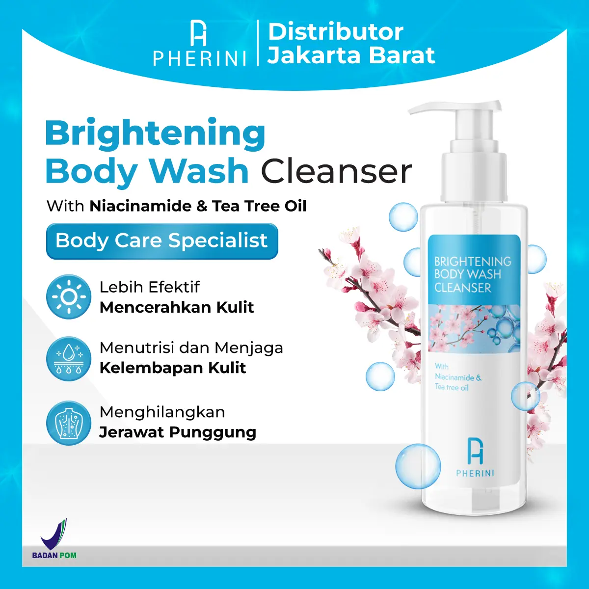 PHERINI Body Wash Sabun Pemutih Badan Anti Jerawat dan Mencerahkan Mandi Kotoran Membersihkan Soap Niacinamide Tubuh Cair Cleanser