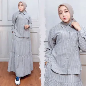 MOZHA SHAFURA. Cloth - KAFEEYA SETROK Setelan Wanita Kemeja & Rok Tali Karet Bahan Katun Salur Yarn Dyed Victory Halus Lembut Adem Nyaman Dipakai Seharian Kancing Busui Wudhu Friendly Formal Casual Mewah Elegant