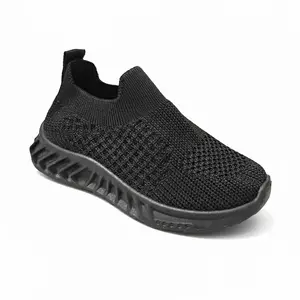 Sepatu sekolah anak hitam slip on anti selip, sepatu kets olahraga kasual yang bernapas 26-36