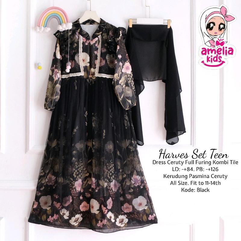Dress Lebaran Harves Set Teen Ory by Amelia Kids All Size Usia 11-14 tahun Dress Cantik Free Jilbab Pashmina 1