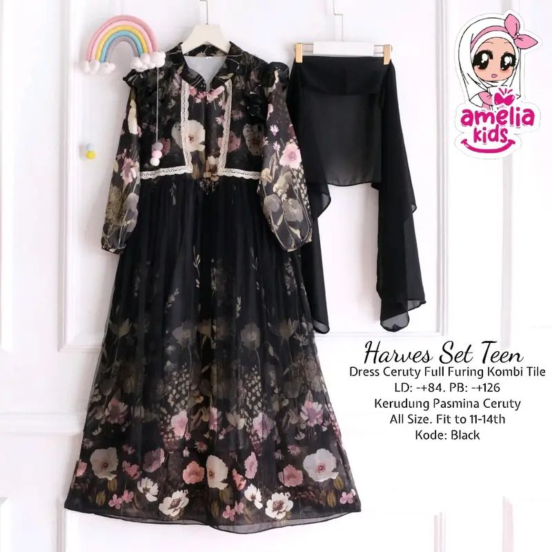 Dress Lebaran Harves Set Teen Ory by Amelia Kids All Size Usia 11-14 tahun Dress Cantik Free Jilbab Pashmina 1