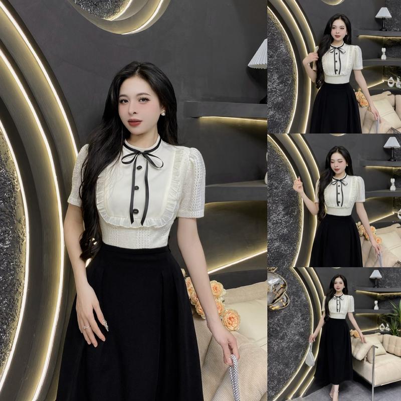 D50 - Váy Thiết Kế Evii dành cho nữ, Đầm thiết kế cổ tròn dây nơ liền phối len mềm , viền bèo trước ngực dáng A xòe dài phù hợp đi làm, đi chơi và đi dự tiệc. Có Bigsize Women Dress