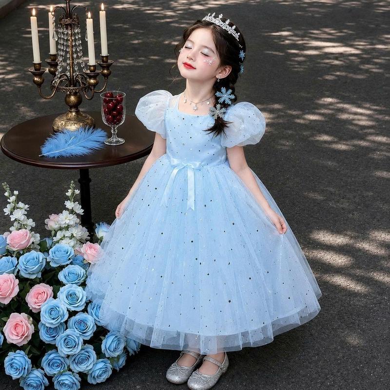 Váy Công Chúa Đính Sao Tay Bồng Xanh Da Trời Hở Lưng Xinh Xắn Cho Bé Gái