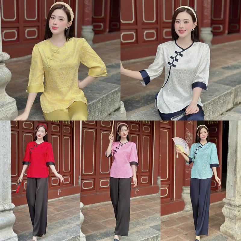 Set Lam Cổ Chéo Phối Nút Tàu Tinh Tế Tay Lỡ Viền Thanh Lịch Form Suông Dễ Mặc Lụa Gấm Mềm Sang Quần Lụa Latin Pháp Phục Đi Chùa Có Size bigsize đồ đi chùa đẹp cho nữ set đồ lam đi chùa đồ lam nữ đẹp sang chảnh đồ lam cho mẹ áo bà ba gấm đi chùa