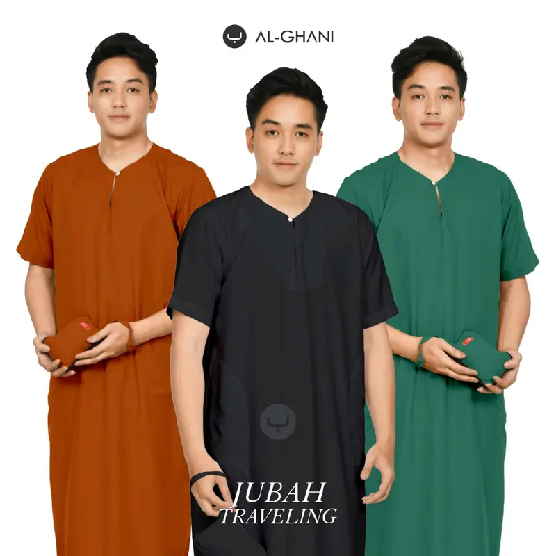 ALGHANI Jubah Traveling Dewasa Lengan Pendek Hitam Instan Muslim Katun Soft Panjang Gamis Cowok Putih Navy Oblong Pria 1