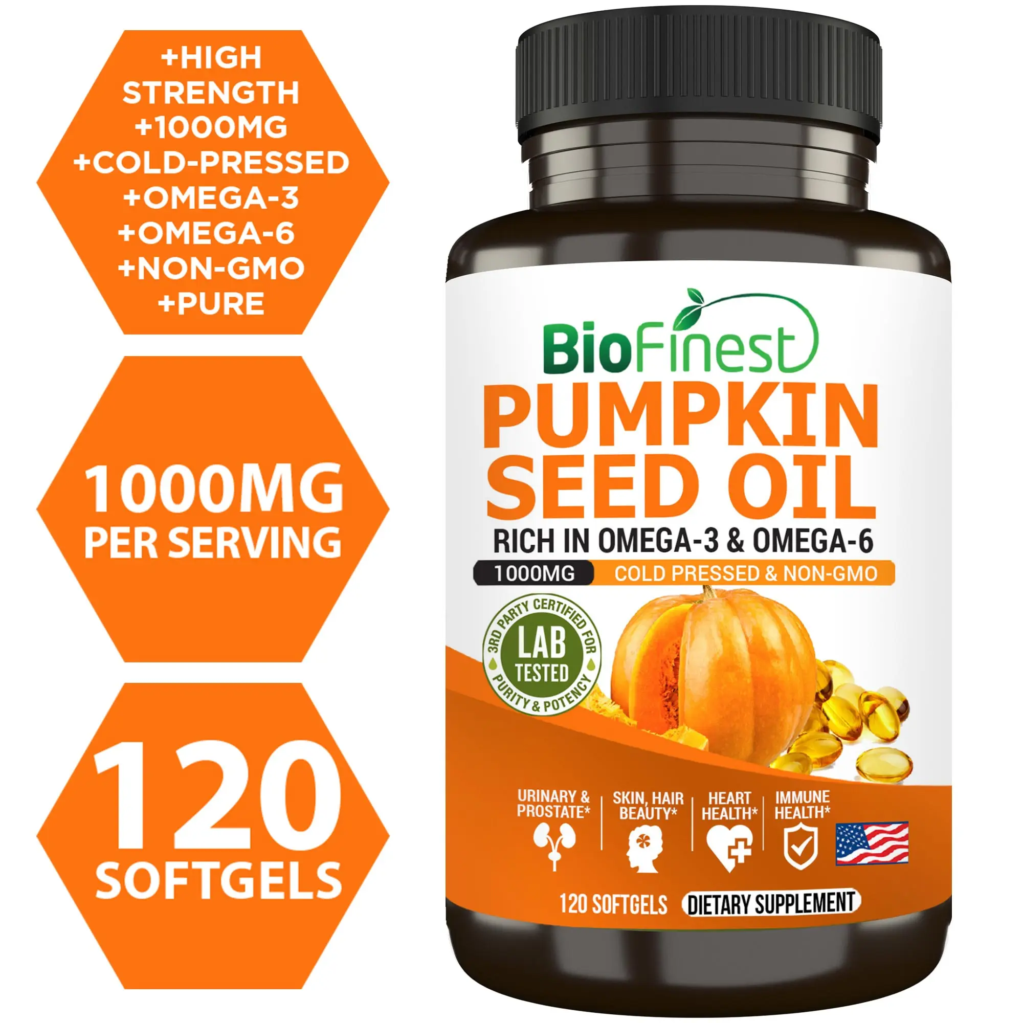 Biofinest Pumpkin Seed Oil Supplement - 1000mg Cold Pressed Omega 3 6 Cholesterol Hormone Balance Prostate Urinary