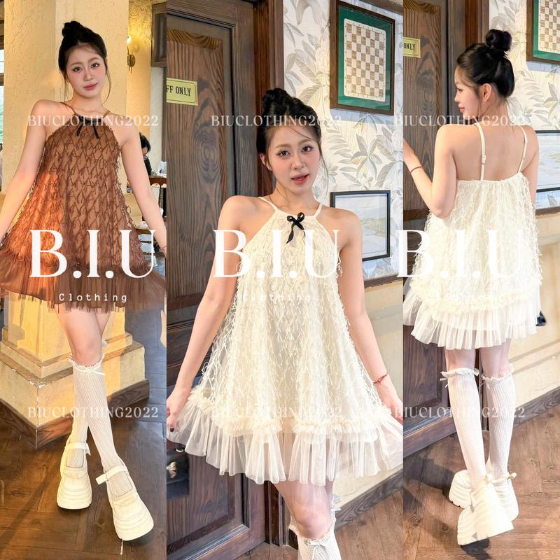  Đầm babydoll hai dây ren tua rua phối tà lưới dễ thương bánh bèo  <55kg  Taza Dress Biu Clothing BB0540 