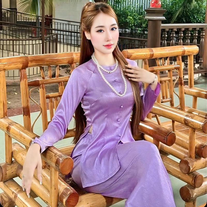 Xưởng May Hân Nguyễn - B.A143 - Bộ Áo Bà Ba Gấm Vân Xước ( QUẦN GẤM XƯỚC ) Cổ Tròn Nút Bọc Dây Kéo