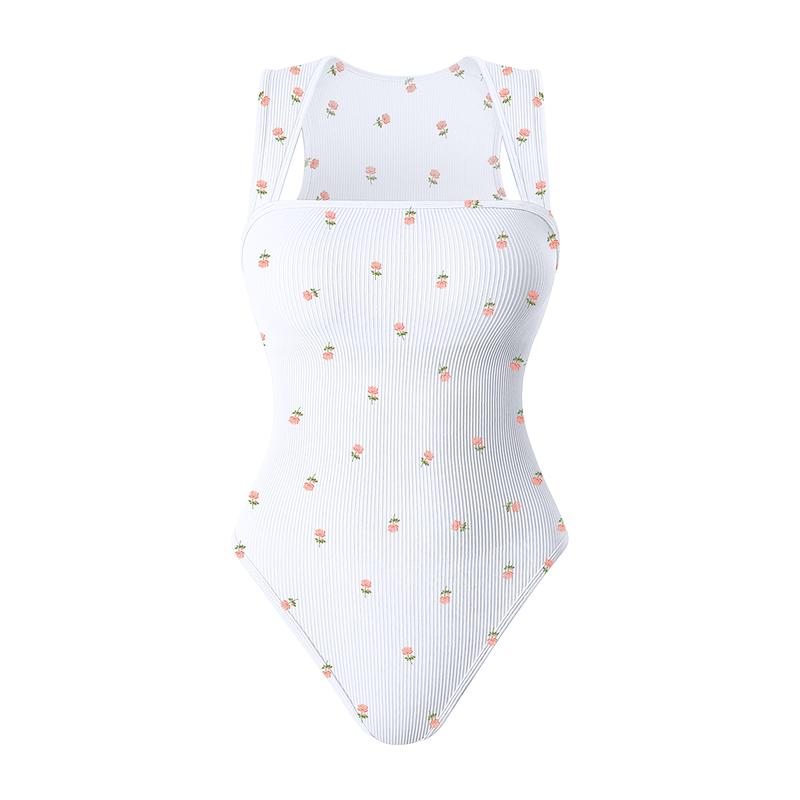 OQQ  Women's Printed Bodysuits For Women Ribbed Strappy Square Neck Stretch Tank Tops Bodysuits Womenswear 1