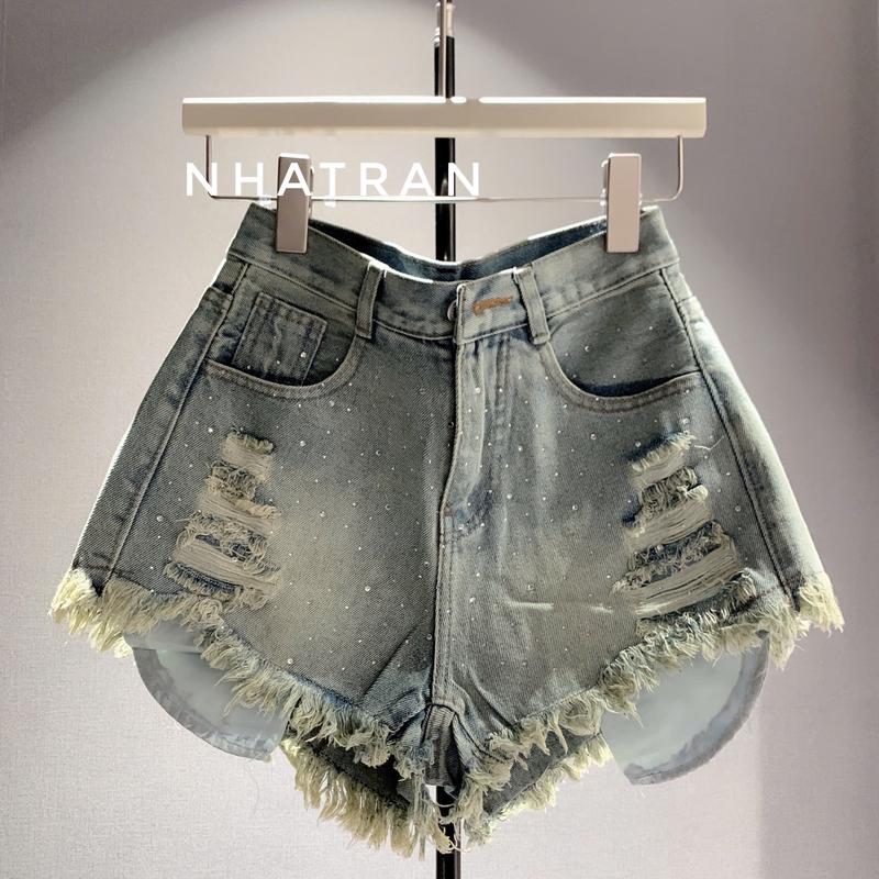 nhatran - Quần short jean nữ lưng cao rách túi lộ chất jean không dãn Cotton Pants Denim Women GN048
