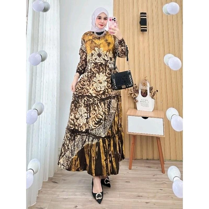 Zaneera Batik - Gamis Twill Ori Cap Malaman Pekalongan Rayon Premium Tebal Berkualitas Motif Tiara Series Dress Muslim Wanita Terbaru Model Susun Rempel Karet Nyaman Lembut 2