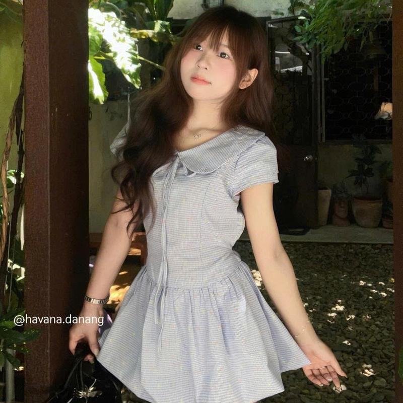 (HAVANA) CÓ BIGSIZE - Đầm babydoll Moka Họa tiết caro pastel cỗ sen phối dây buộc DA250