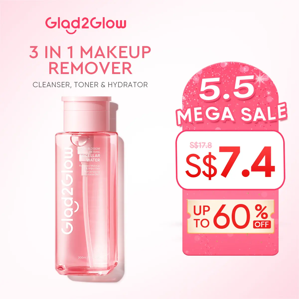 Glad2Glow Cherry Blossom Betaine Micellar Water Makeup Remover|Clean, Refresh, Calm, Moisture Skin|300ml
