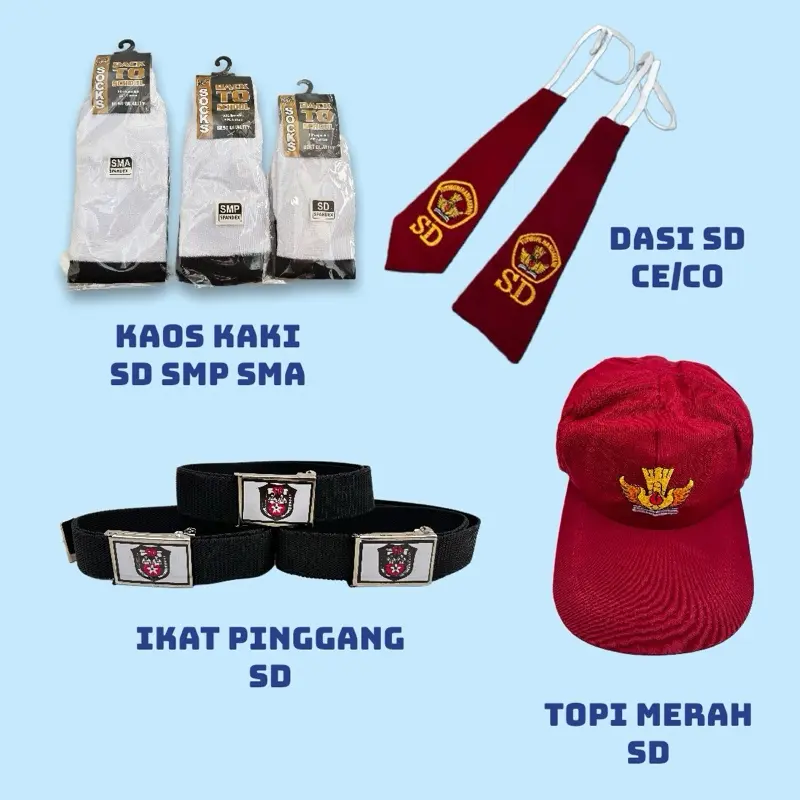 Perlengkapan Sekolah SD SMP SMA Topi Merah SD Kaoskaki SD SMP SMA Dasi Merah SD Ikat Pinggang Sabuk SD Lengkap