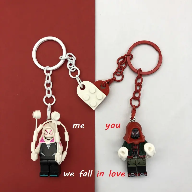 Cute Building block couple Spider-Man Miles building block minifigure Gwen Couple Minifigure Keychain Cartoon Schoolbag Pendant Anime