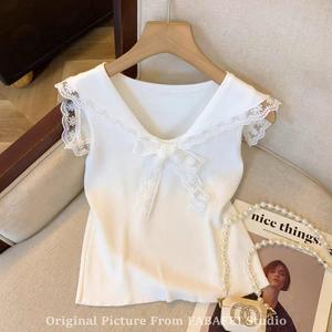 เสื้อกั๊กขนนกคอปกสีกรมท่า สไตล์กระโหลก สำหรับผู้หญิง ฤดูร้อน มาใหม่ สาวหวานและฮอต ดีไซน์โบว์เอว เสื้อแขนกุด