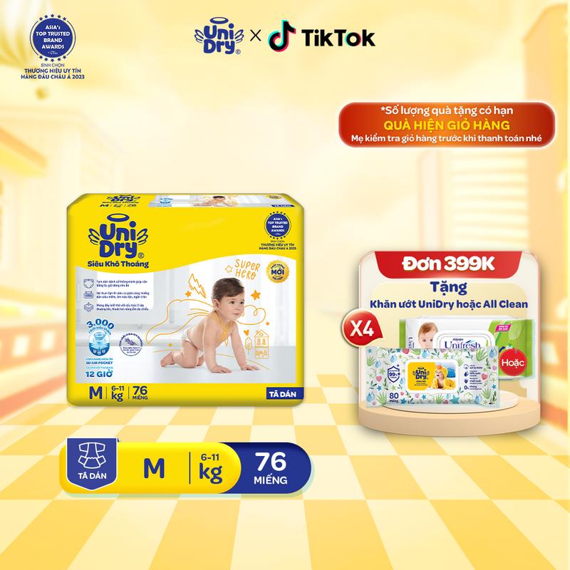  Tã dán UniDry Siêu khô thoáng gói Super Jumbo  Size M76 L68 XL62  Cho Bé 