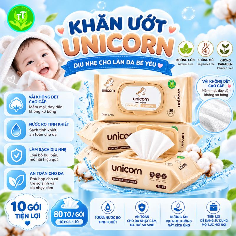 COMBO 5 Gói Khăn Ướt Thiên Thủy Có Nắp Đậy - Không Cồn - Không Paraben - Không Mùi, Khăn Giấy Ướt Cho Trẻ Sơ Sinh Và Da Nhạy Cảm, Mềm Mại Dịu Nhẹ ( 80 Tờ/Gói )