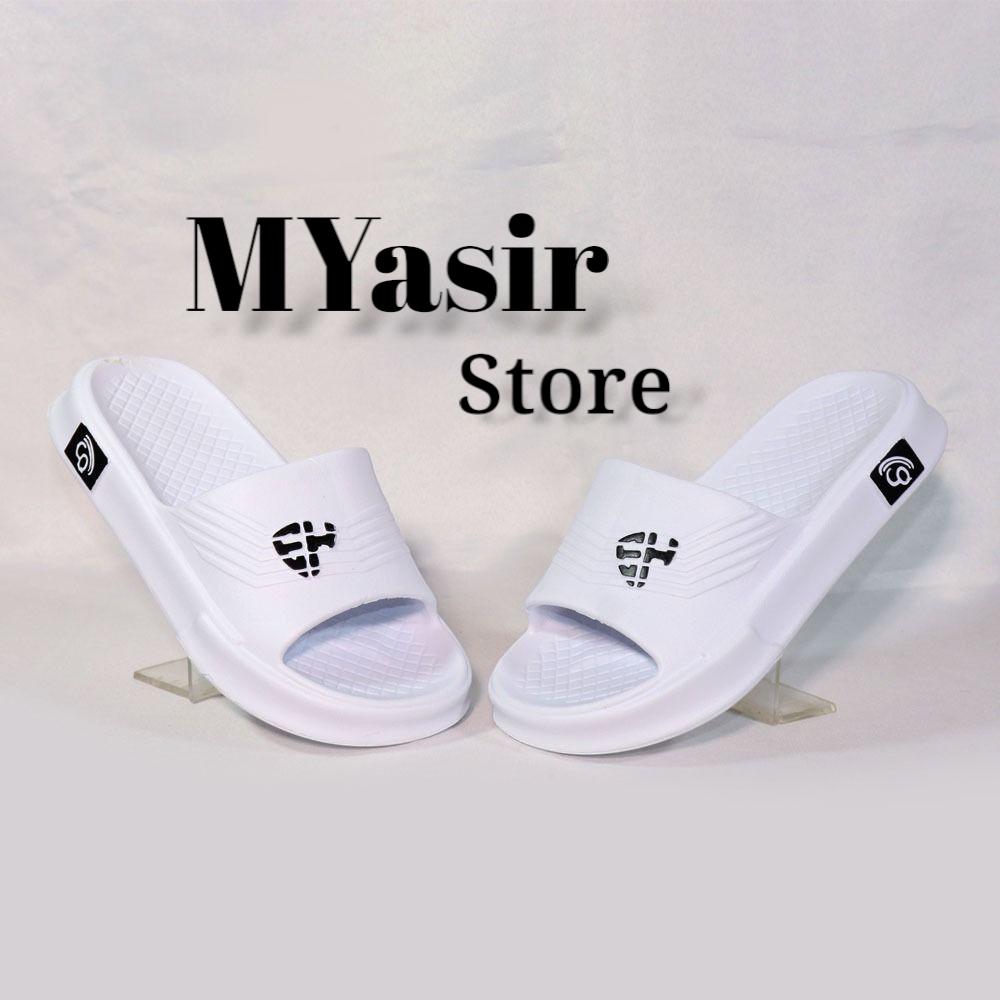 MYasir Store Sandal Selop Anak Cowok CQ 81C & Dewasa All White Uk 32-37 Desain Modern Viral Logo SH Nyaman Sepanjang Hari