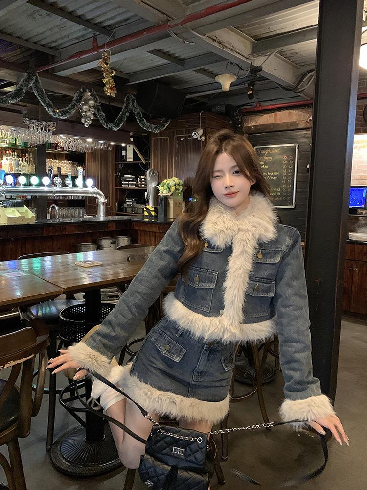 Product Introduction of Fujia Qianjin-Áo Khoác Denim Chần Bông Dày Lót Lông Cừu Cho Nữ, Váy Cạp Cao, Trang Phục Thời Trang Mới Mùa Đông 2023 16