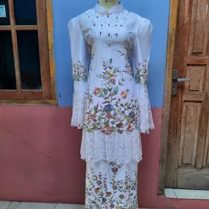 kebaya akad melayu free veil hijab putih bersih muslim Wanita Mewah Panjang Gaun Dress Pesta