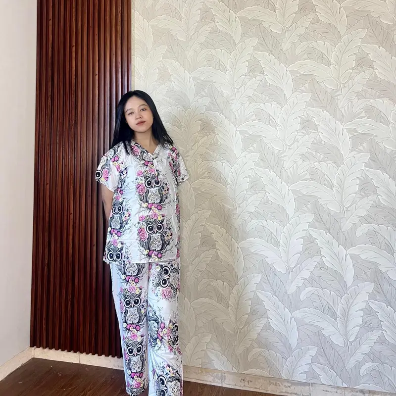 LONG ONE SET OWL ECER TERBARU BUSUI FRIENDLY RAYON WANITA PREMIUM JUMBO  Motif Nyaman Setelan Kancing Baju Pendek Celana Panjang Lembut 4