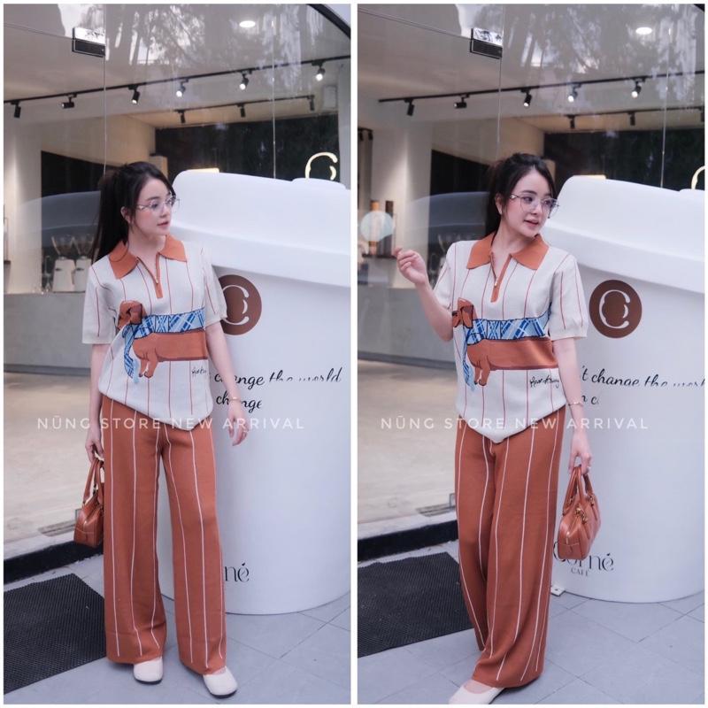 Set bộ hãng Thái áo dây kéo cún thom mix quần suông kẻ