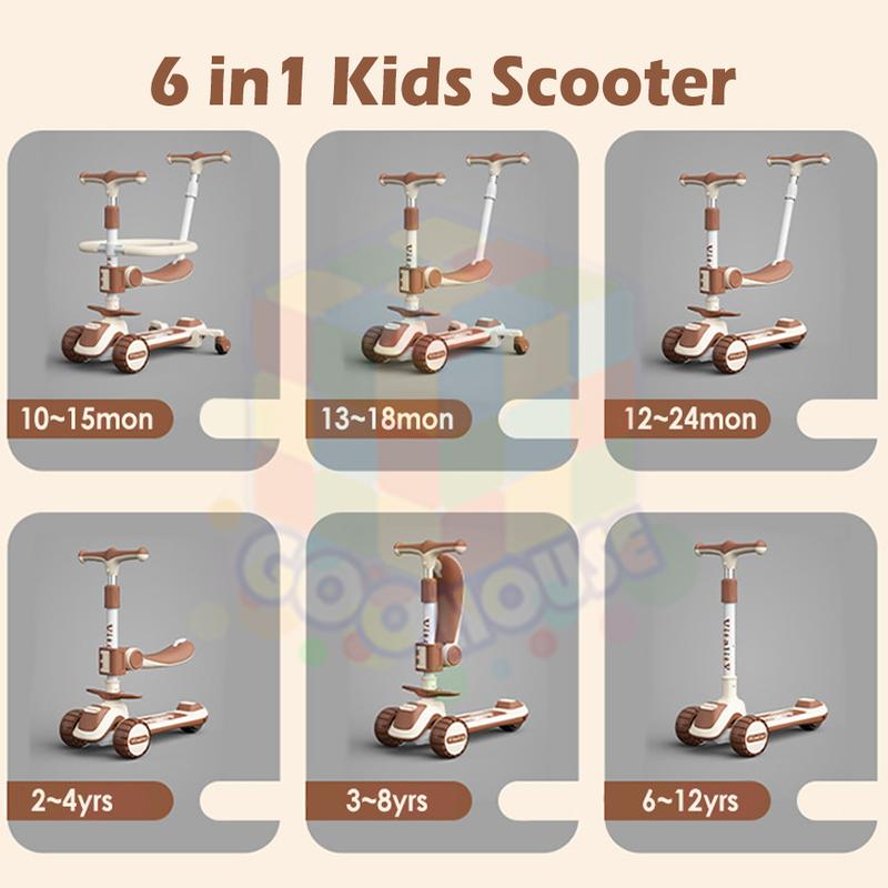 6 in 1 Skuter Anak Kids Scooter Skuter Lipat untuk 0-12 tahun Multifungsi Skuter Musik Bangku Lampu skuter anak roda 3 7