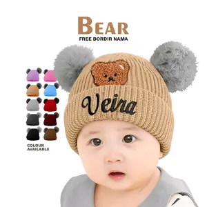 Kupluk PomPom Bayi Usia 0-3 Tahun Motif Boneka Bear Bisa Request Nama