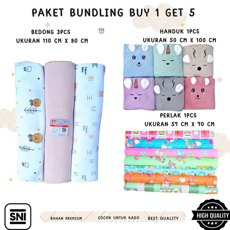 Paket Bundling Bayi Baru Lahir Buy 1 Get 5 (Bedong Jumbo 110 x 90 cm, Handuk Microfiber, Perlak Bayi) - Alas 7