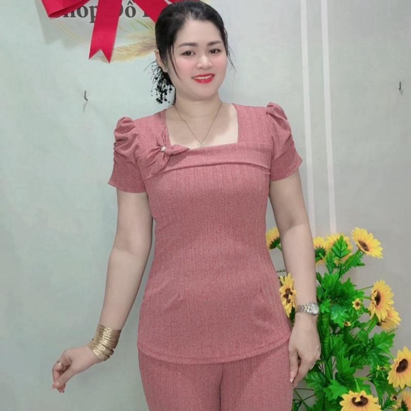 Bộthun lanh me vuông tim phối hạt quần dài ông ôm size2345 Đỏ Đô - Thun Nữ Áo