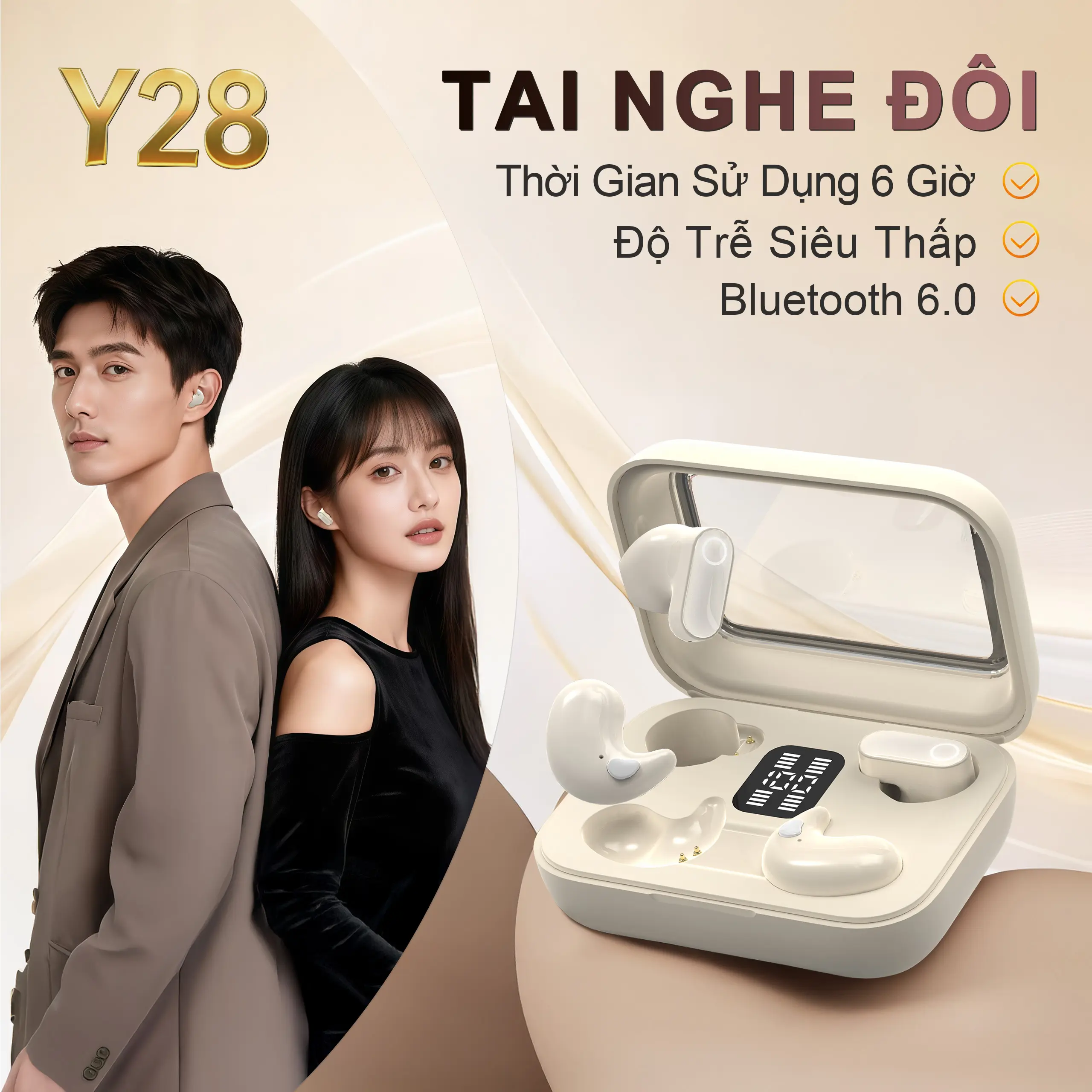 Y28 (2 cặp tai nghe) Mới Nhất Tai Nghe Đôi, 1 Cặp tai nghe chuôi ngắn và 1 Cặp tai nghe ngủ, Nghe nhạc liên tục hơn 30 giờ, Âm thanh nổi cấp độ HiFi, Chống nước IPX5, Kích thước siêu nhỏ gọn, Phù hợp cho cả khi ngủ và thể thao, Với iPhone và Android