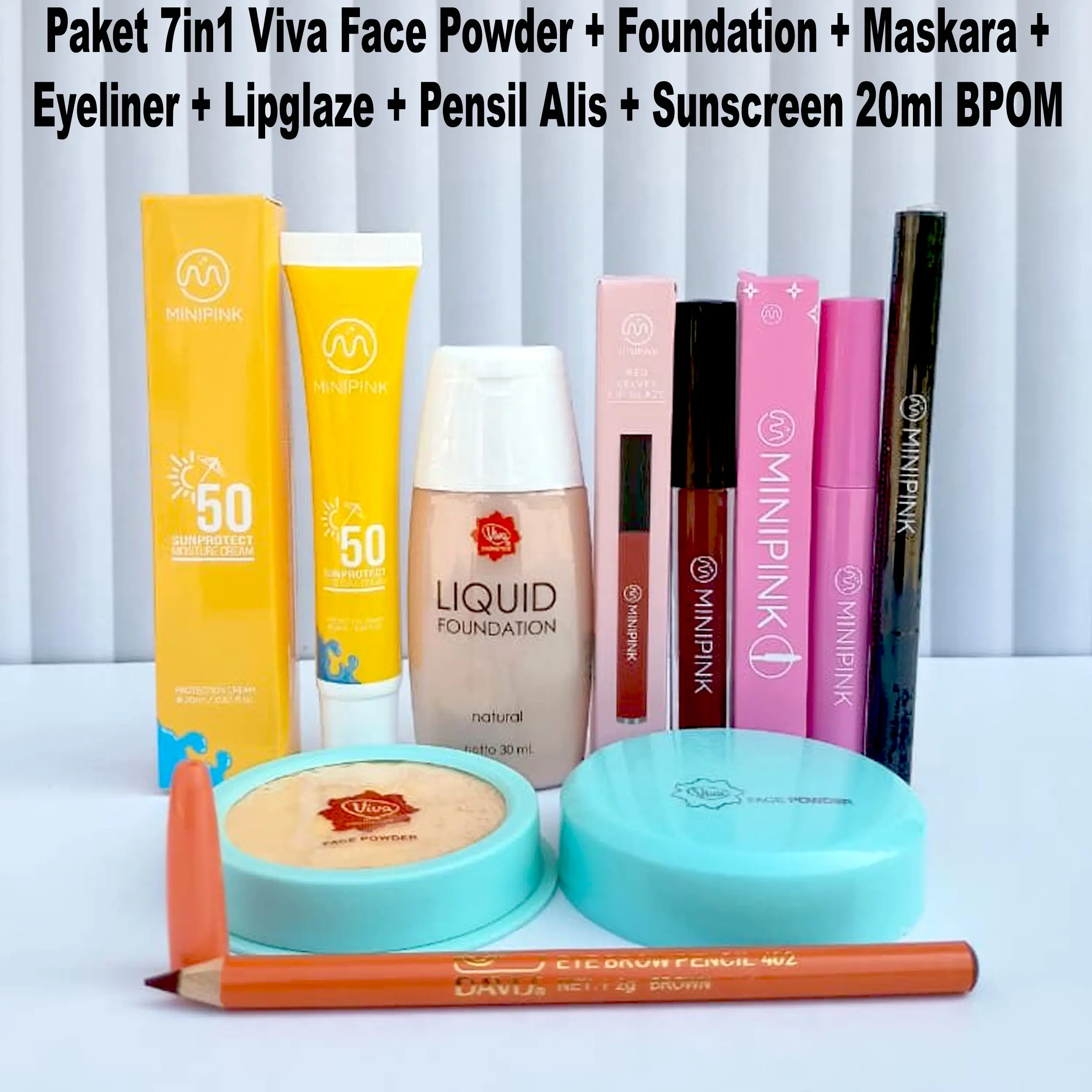 Paket 7in1 Viva Compact Powder + Foundation + Maskara + Eyeliner + Lipglaze + Pensil Alis + Sunscreen 20ml BPOM