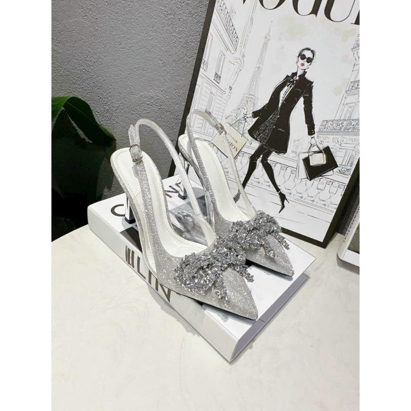 Giày mũi nhọn hở gót phối meka cao cấp gắn nơ kim sa sang chảnh gót 5p, 7p, 9p mã H32 DéP Nữ TH09