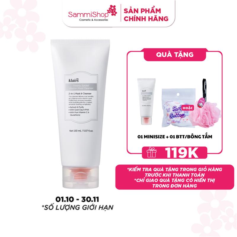 Dear, Klairs Sữa rửa mặt Freshly Juiced Vitamin Mask Cleanser 150ml