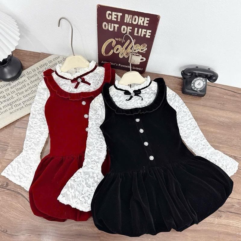  K52- Set yếm váy nhung dáng bí phối áo ren lưới dài tay đính nơ cổ sang chảnh dành cho bé gái  9-31kg  