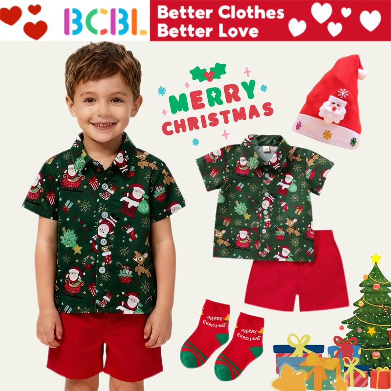 Trang Phục Giáng Sinh Cho Em Bé Trai BCBL Áo Sơ Mi Có Nút In Hình Ông Già Noel Bộ Quần Đùi Trang Phục Quý Ông Cho Bé Trai Từ 1-6 Tuổi Quần Áo Giáng Sinh