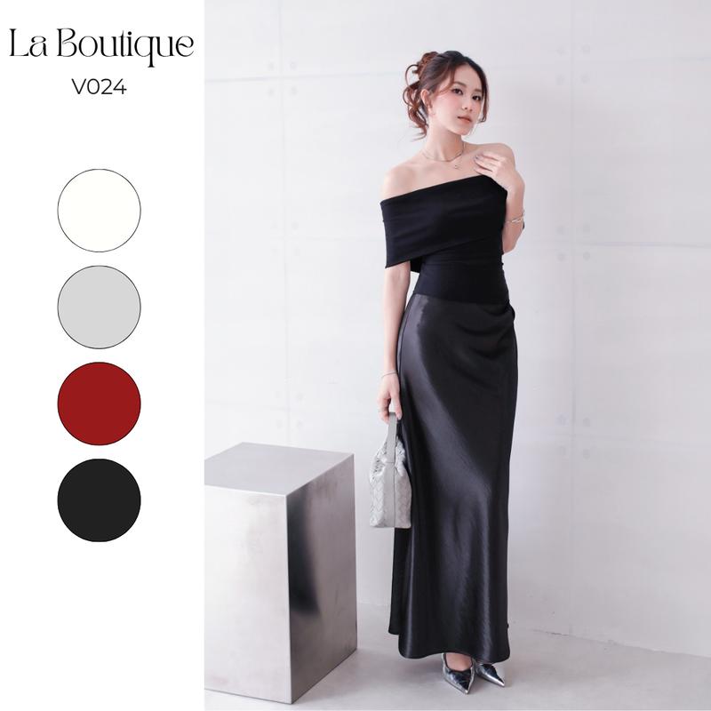  La Boutique - Chân Váy Dài Lụa Bóng Nhũ Dáng Suông Nhún Eo-V024 