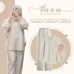 Setelan Remaja Kekinian ( Atasan Blouse Salur - Celana Kulot - Jilbab ) One Set Casual Wanita Hijab ZL143N