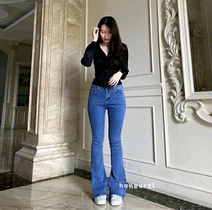 High Waist Jeans Streach Wanita Cutbray || Korean Style Straight Loose Cutbray Wanita Premium || Cutbray Jeans Wanita Bahan Melar Panjang Tebal Celana Hitam Dark 2
