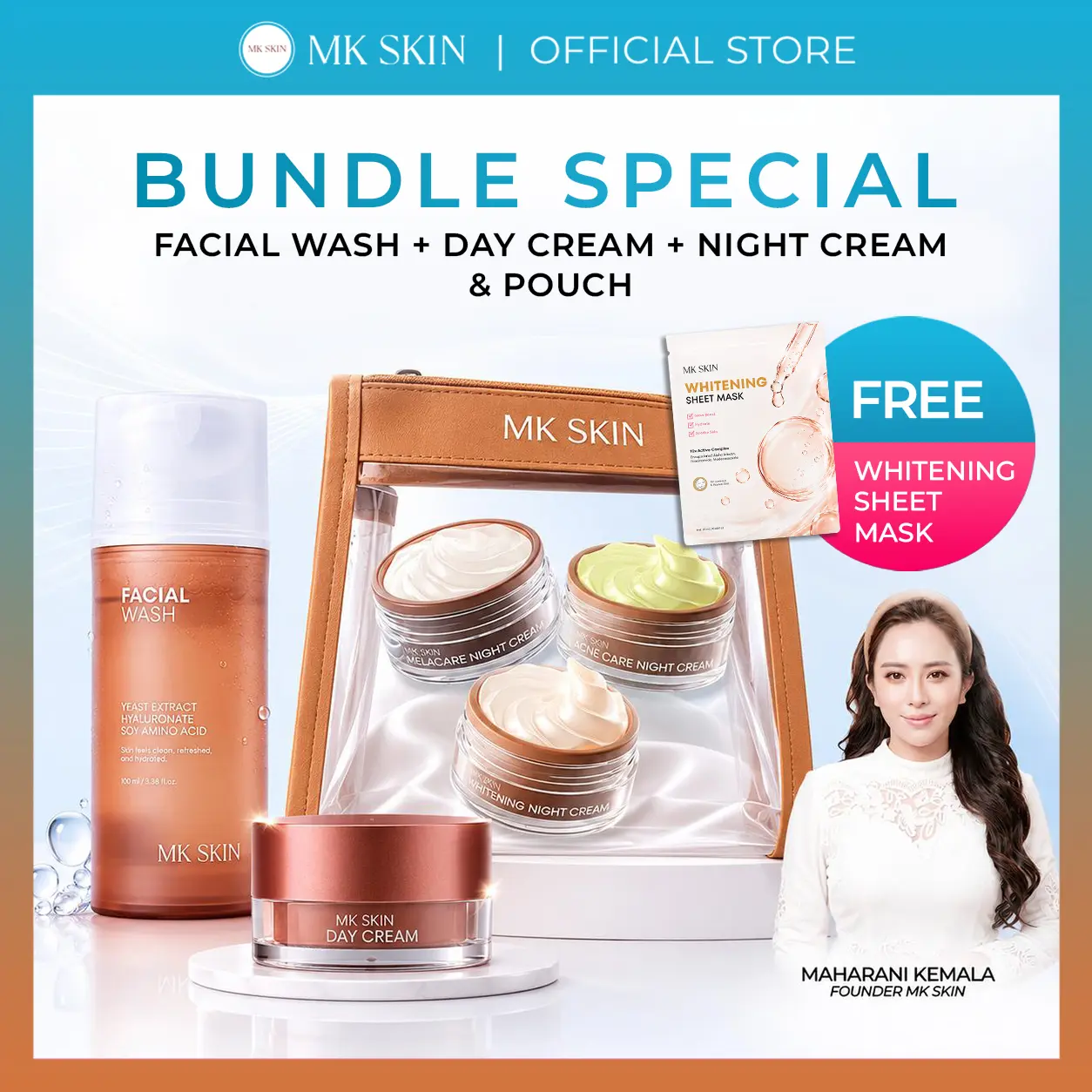 [BUNDLE SPECIAL] FACIAL WASH + DAY CREAM + NIGHT CREAM + POUCH BENING PAKET WAJAH > FREE 1PCS WHITENING SHEET MASK - MK SKIN
