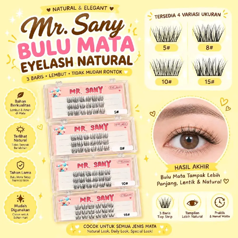 Mr. Sany Bulu Mata Eyelash Natural 3 Baris Lembut Tidak Mudah Rontok 4 Variasi Ukuran 5# 8# 10# 15# Cocok untuk Semua Jenis Mata